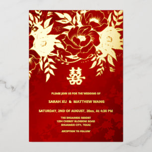 BILINGUAL Goldene Rosen Chinesische Hochzeit Folieneinladung
