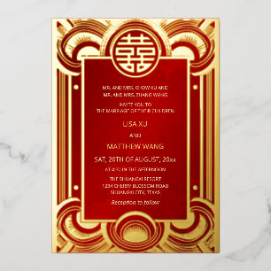 BILINGUAL Goldrahmen Rote Chinesische Hochzeit Folieneinladung