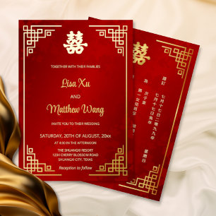 BILINGUAL Goldrahmen Rote chinesische Hochzeit Folieneinladung