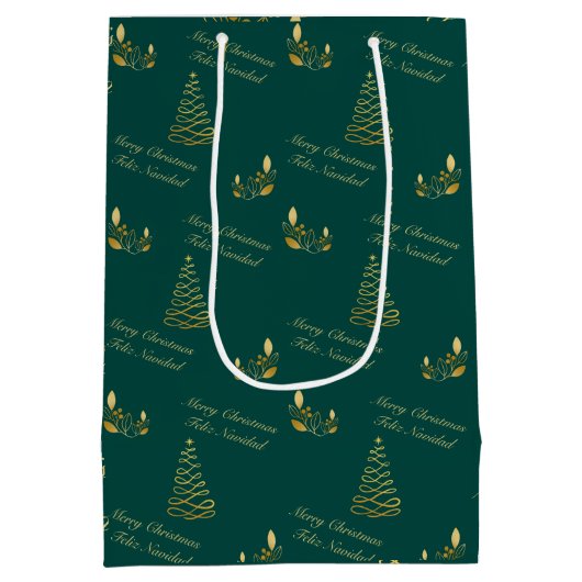 Bilingual Green and Golden Christmas Mittlere Geschenktüte (Rückseite)