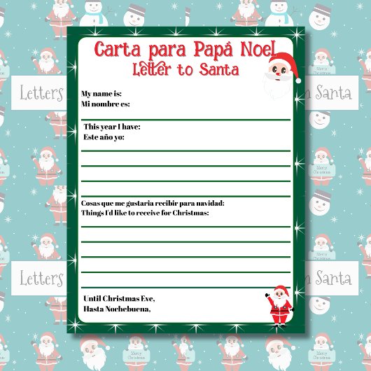 Bilingual Green Editable Letter to Santa Spanish