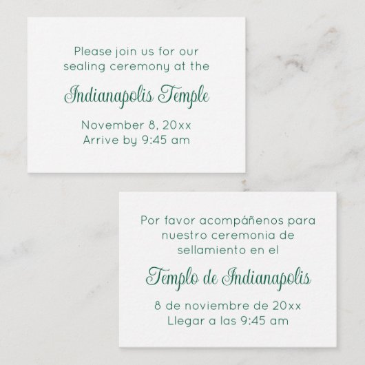 Bilingual Green Script Temple Sealing Invitation Begleitkarte (Vorne/Hinten)