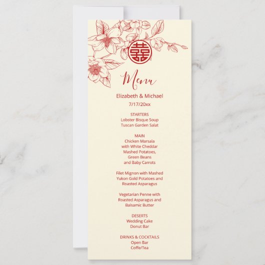BILINGUAL Magnolia Chinese Wedding Menu Card Einladung (Vorderseite)