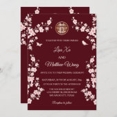 BILINGUAL | Maroon Cherry Blossom Chinese Wedding Einladung (Vorne/Hinten)