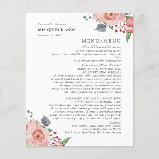 Bilingual Pink Floral Quinceanera Food Drinks Menü (Vorderseite)