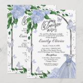 Bilingual Quinceanera Butterflys Dusty Blue Gown Einladung (Vorne/Hinten)