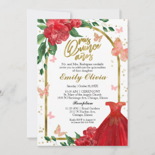 Bilingual Quinceanera Butterflys Red Gown Einladung