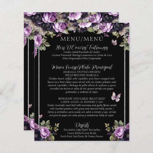 Bilingual Quinceañera Menü des Gotischen Blumenkoc (Vorne/Hinten)