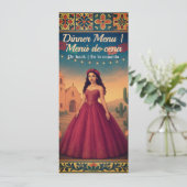 Bilingual Quinceañera Vintag Red Gown Girl Dinner Menükarte (Stehend Vorderseite)
