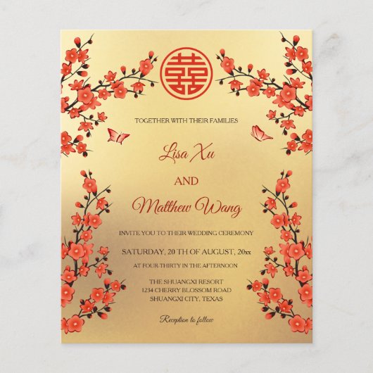 BILINGUAL Red Cherry Blossom | Chinesische Hochzei Flyer (Vorne)