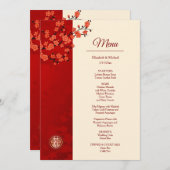 BILINGUAL Red Cherry Blossom Chinesische Hochzeit Menükarte (Vorne/Hinten)