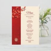 BILINGUAL Red Cherry Blossom Chinesische Hochzeit Menükarte (Stehend Vorderseite)