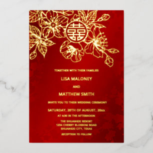 BILINGUAL Red Gold Cherry Blossom Chinesische Hoch Folieneinladung