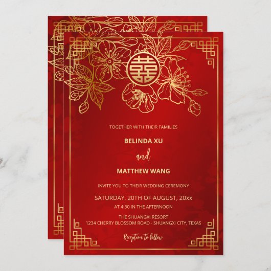 BILINGUAL Red Gold Chinesisch Hochzeit Einladung (Vorne/Hinten)