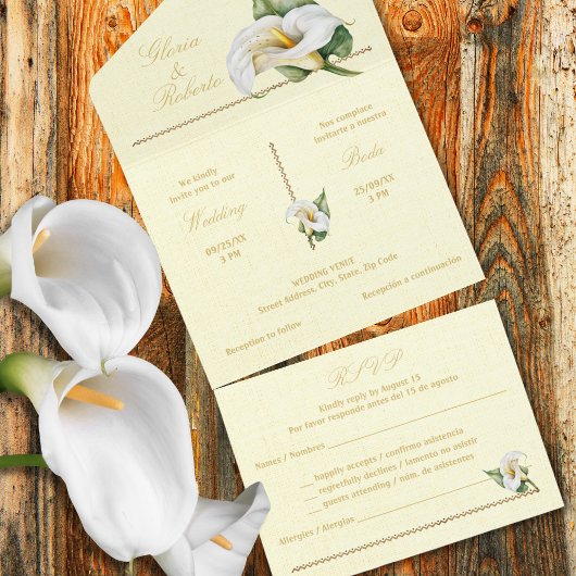 Bilingual Romantic Tones Cala Lily Mexican Wedding All In One Einladung