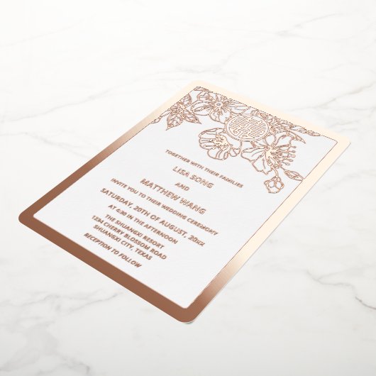 BILINGUAL Rose Gold Cherry Blossom Chinesische Hoc Folieneinladung (Gedreht)