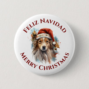 Bilingual Santa Dog Feliz Navidad Frohe Weihnachte Button