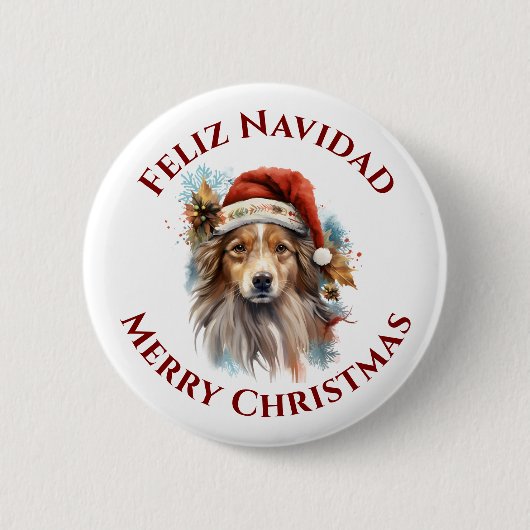 Bilingual Santa Dog Feliz Navidad Frohe Weihnachte Button (Vorderseite)