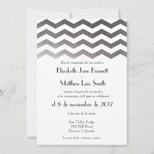 Bilingual Silver Zickzack Wedding Einladung (Rückseite)