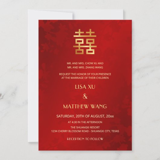 Bilingual | Simple Red Gold Chinese Wedding Einladung (Vorderseite)