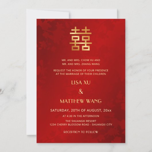 Bilingual | Simple Red Gold Chinese Wedding Einladung (Vorderseite)