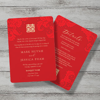 Bilingual Vietnamese English Red Floral Wedding Einladung