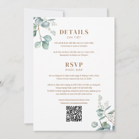 Bilingual Vietnamese Eucalyptus Song Hy Wedding Einladung (Rückseite)