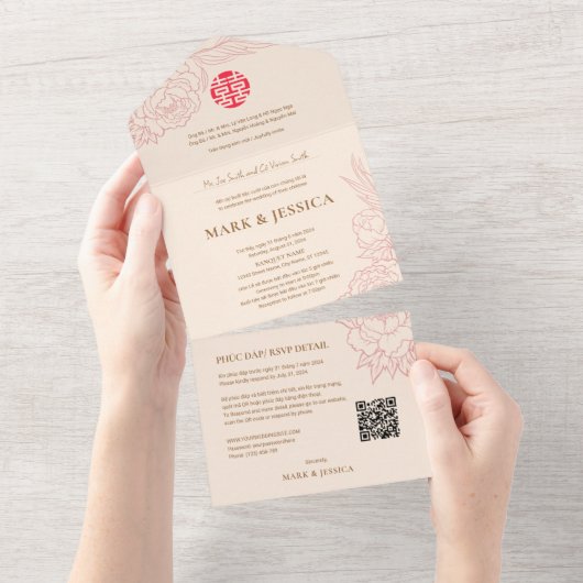 Bilingual Vietnamese Peonies Traditionelle All In One Einladung (Abreißen)