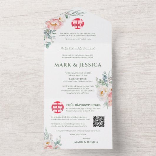 Bilingual Vietnamese Peonies Traditionelle All In One Einladung (Innen Boden)
