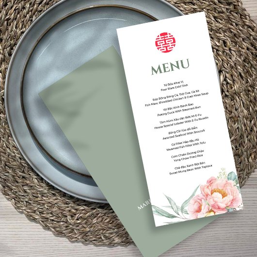 Bilingual Vietnamese Peony Song Hy Wedding Menu Menükarte