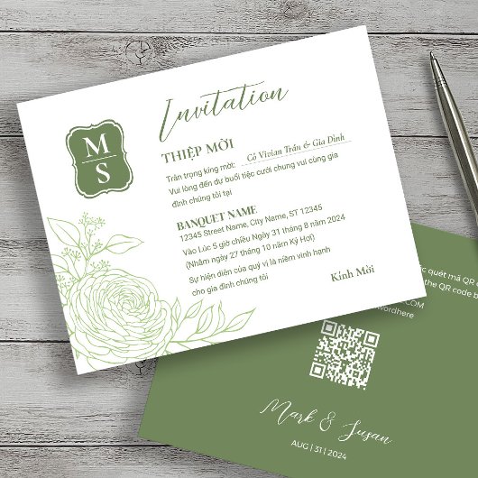 Bilingual Vietnamese Ranunculus Wedding Einladung