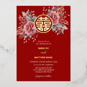 BILINGUAL Wasserfarben-Rosen Chinesische Hochzeit Folieneinladung