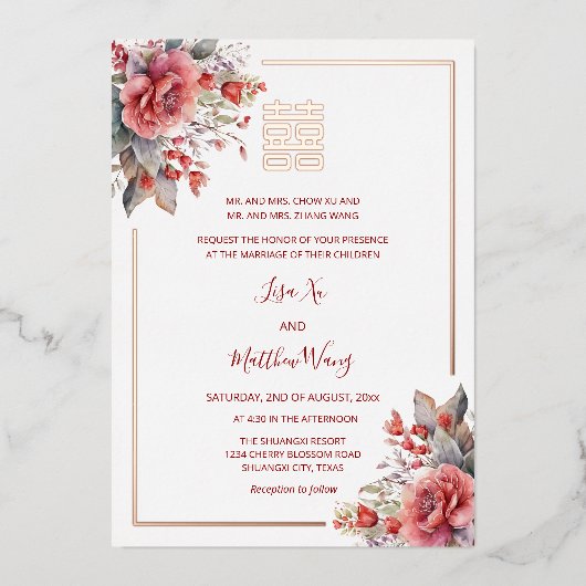 BILINGUAL Watercolor Rose Chinesische Hochzeit Folieneinladung (Vorderseite)
