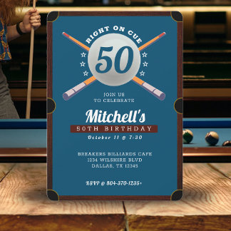 Billard 50. Geburtstagsparty Blue Einladung