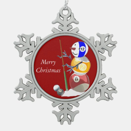 Billard-Ball-Schneemann Schneeflocken Zinn-Ornament (Vorderseite)