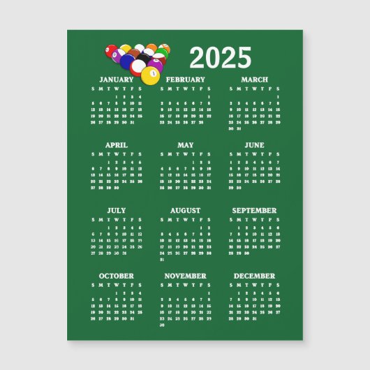 Billard Balls Pool 2025 Kalender Magnetkarte (Vorderseite)