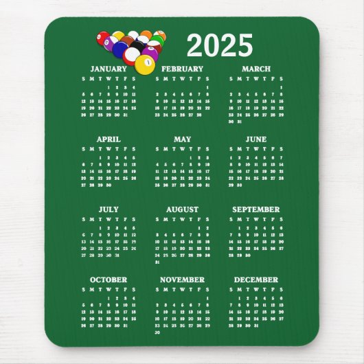 Billard Balls Pool Design 2025 Kalender MousePad (Vorne)