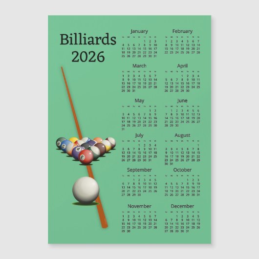 Billard Pool 2026 Kalender Magnetkarte (Vorderseite)
