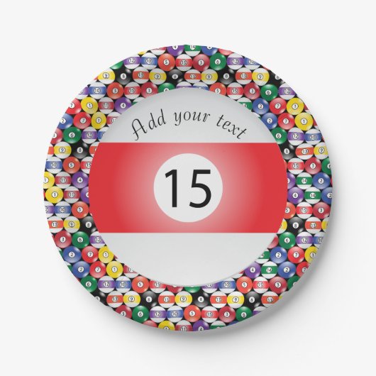 Billard-Pool-Bälle Stricknummer Fünfzehn Pappteller (Vorderseite)