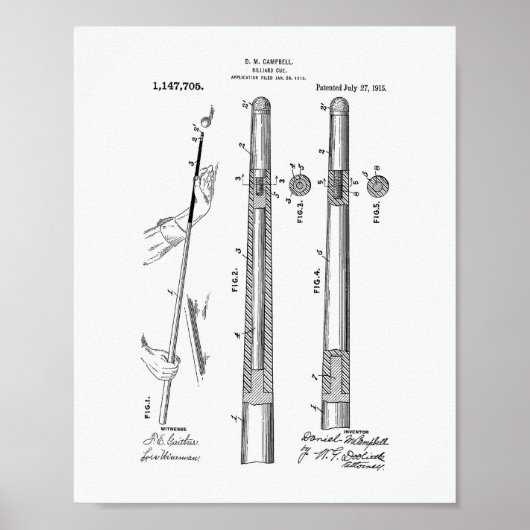 Billardqueue 1915 Patentkunst - Weißes Papier Poster (Vorne)