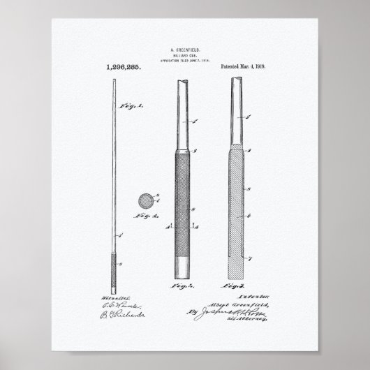 Billardqueue 1919 Patentkunst - Weißes Papier Poster (Vorne)