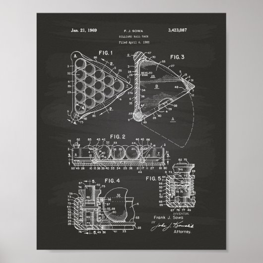 Billiard Ball Rack 1969 Patent Art - Chalkboard Poster (Vorne)