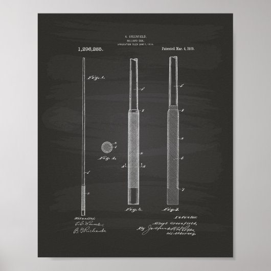 Billiard Cue 1919 Patentart - Tafel Poster (Vorne)