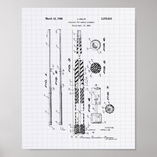 Billiard Cue Handle 1968 Patent Art - Lined Peper Poster (Vorne)