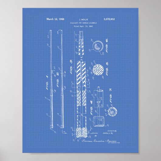 Billiard Cue Handle 1968 Patentart - Blueprint Poster (Vorne)