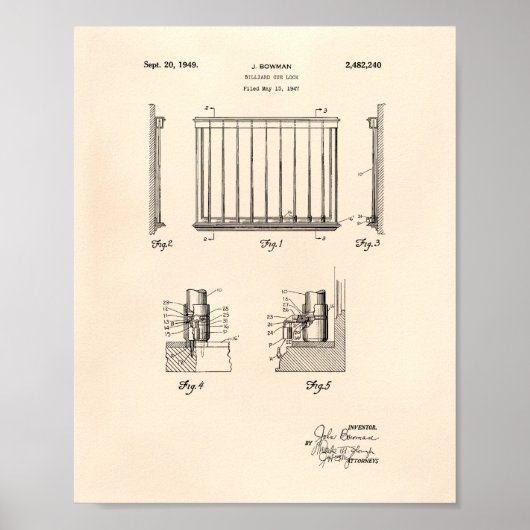 Billiard Cue Lock 1949 Patent Art - Old Peper Poster (Vorne)
