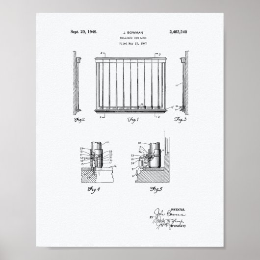 Billiard Cue Lock 1949 Patent Art - Weißbuch Poster (Vorne)