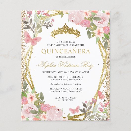 Billiard Floral Blush Gold Tiara Quinceañera Einla Flyer (Vorne)