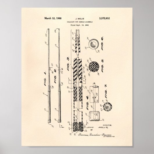 Billiard Queue Handle 1968 Patentkunst - Altes Pap Poster (Vorne)