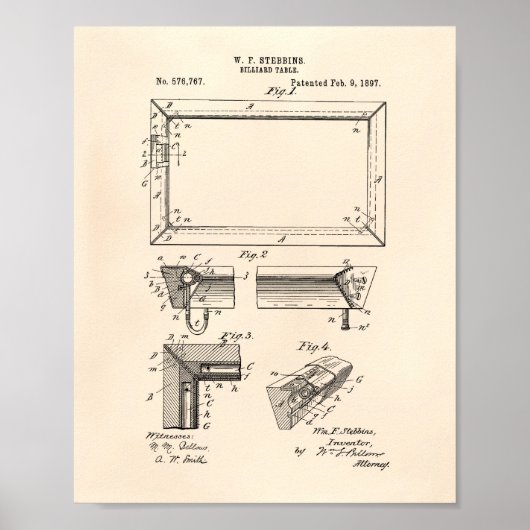 Billiard Table 1897 Patent Art - Old Peper Poster (Vorne)